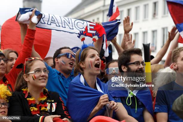 French and Belgian soccer fans attend Belgium National team 'Les Diables Rouges' vs France National Team during FIFA WC 2018 Belgium vs France at...