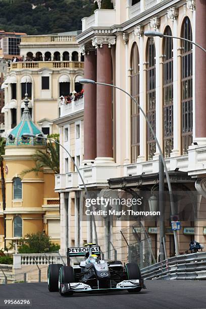 Nico Rosberg of Germany and Mercedes GP drives in the final practice session prior to qualifying for the Monaco Formula One Grand Prix at the Monte...