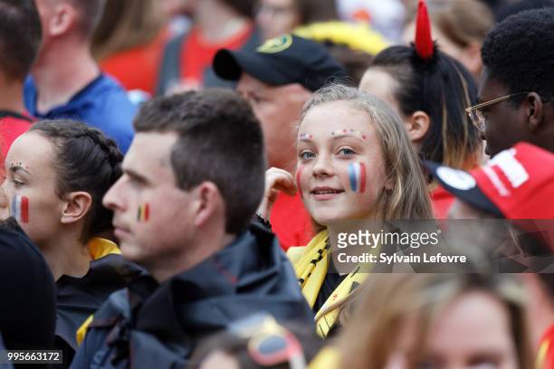 French and Belgian soccer fans attend Belgium National team 'Les Diables Rouges' vs France National Team during FIFA WC 2018 Belgium vs France at...
