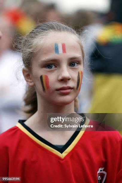 Franco-Belgian soccer fans attend Belgium National team 'Les Diables Rouges' vs France National Team during FIFA WC 2018 Belgium vs France at Tournai...