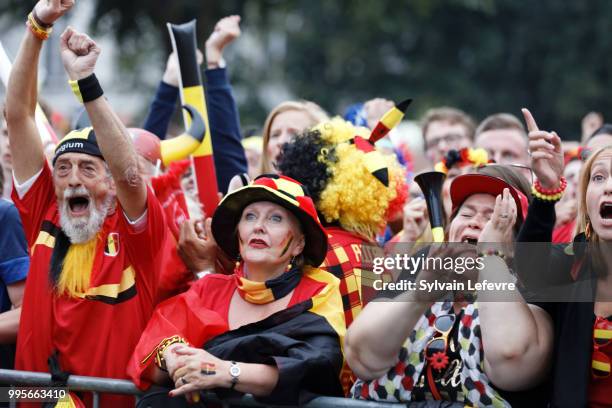 Belgian soccer fans attend Belgium National team 'Les Diables Rouges' vs France National Team during FIFA WC 2018 Belgium vs France at Tournai Fan...