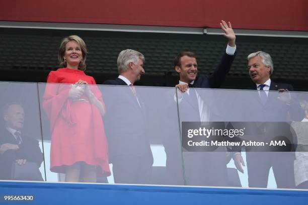 King Philippe of Belgium and his wife, Queen Mathilde stand alongside French President Emmanuel Macron during the 2018 FIFA World Cup Russia Semi...