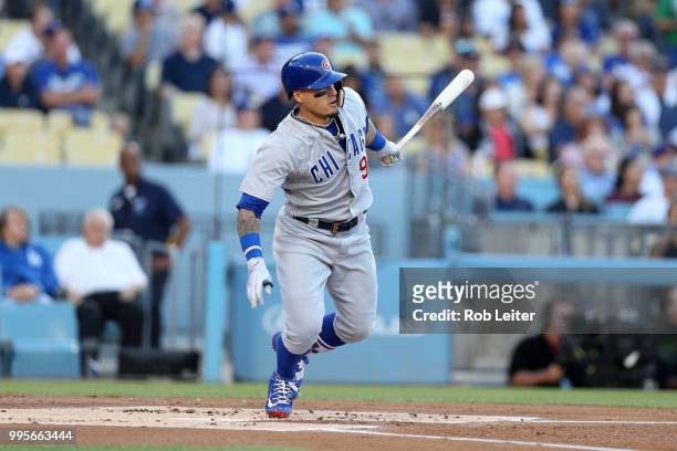 Javier Baez of the Chicago Cubs bats during the game against the Los Angeles Dodgers at Dodger Stadium on June 27, 2018 in Los Angeles, California....