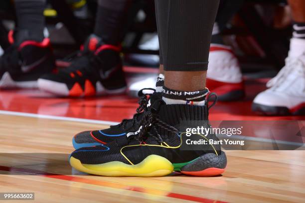 The sneakers of Lonnie Walker IV of the San Antonio Spurs during the game against the Portland Trail Blazers during the 2018 Las Vegas Summer League...