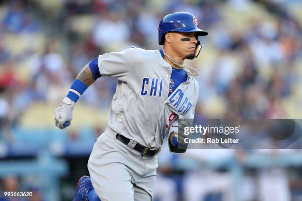 Javier Baez of the Chicago Cubs runs during the game against the Los Angeles Dodgers at Dodger Stadium on June 27, 2018 in Los Angeles, California....