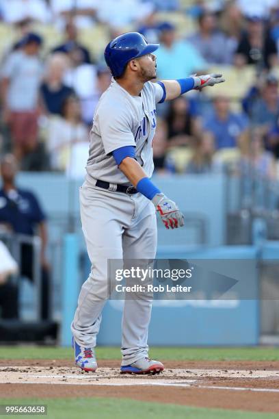 Wilson Contreras of the Chicago Cubs watches his home run during the game against the Los Angeles Dodgers at Dodger Stadium on June 27, 2018 in Los...