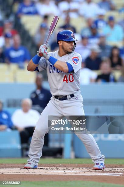 Wilson Contreras of the Chicago Cubs bats during the game against the Los Angeles Dodgers at Dodger Stadium on June 27, 2018 in Los Angeles,...