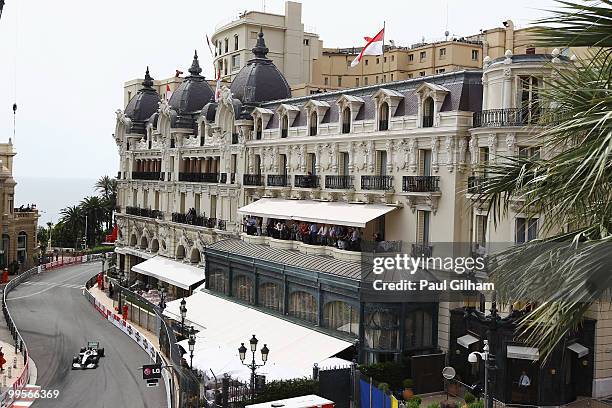 Nico Rosberg of Germany and Mercedes GP drives through Casino Square in the final practice session prior to qualifying for the Monaco Formula One...