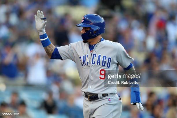 Javier Baez of the Chicago Cubs celebrates during the game against the Los Angeles Dodgers at Dodger Stadium on June 27, 2018 in Los Angeles,...