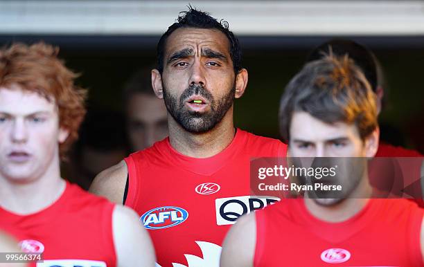 Adam Goodes of the Swans walks out onto the ground during the round eight AFL match between the Western Bulldogs and the Sydney Swans at Manuka Oval...