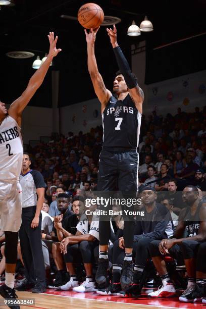 Olivier Hanlan of the San Antonio Spurs shoots the ball against the Portland Trail Blazers during the 2018 Las Vegas Summer League on July 10, 2018...