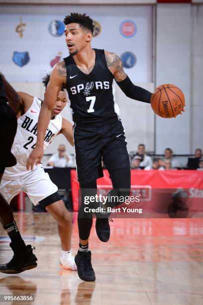 Olivier Hanlan of the San Antonio Spurs handles the ball against the Portland Trail Blazers during the 2018 Las Vegas Summer League on July 10, 2018...