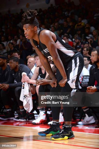Lonnie Walker IV of the San Antonio Spurs looks on during the game against the Portland Trail Blazers during the 2018 Las Vegas Summer League on July...