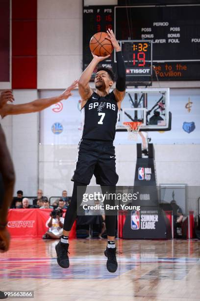 Olivier Hanlan of the San Antonio Spurs shoots the ball against the Portland Trail Blazers during the 2018 Las Vegas Summer League on July 10, 2018...