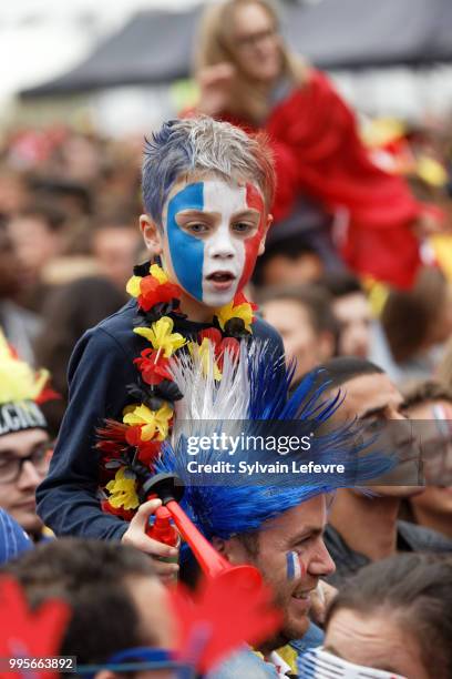 French and Belgian soccer fans attend Belgium National team 'Les Diables Rouges' vs France National Team during FIFA WC 2018 Belgium vs France at...