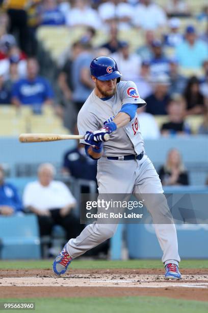 Ben Zobrist of the Chicago Cubs bats during the game against the Los Angeles Dodgers at Dodger Stadium on June 27, 2018 in Los Angeles, California....