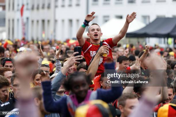 Belgian soccer fans attend Belgium National team 'Les Diables Rouges' vs France National Team during FIFA WC 2018 Belgium vs France at Tournai Fan...