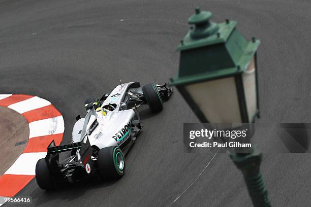 Nico Rosberg of Germany and Mercedes GP drives in the final practice session prior to qualifying for the Monaco Formula One Grand Prix at the Monte...