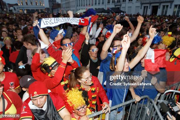 French soccer fans celebrate France winning after attending Belgium National team 'Les Diables Rouges' vs France National Team during FIFA WC 2018...