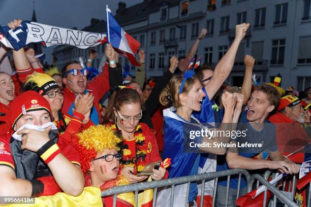 French soccer fans celebrate France winning after attending Belgium National team 'Les Diables Rouges' vs France National Team during FIFA WC 2018...