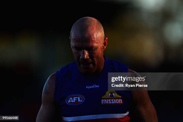 Barry Hall of the Bulldogs looks on from the bench during the round eight AFL match between the Western Bulldogs and the Sydney Swans at Manuka Oval...