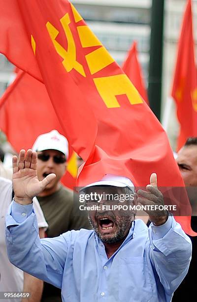 Comunist demonstrators of the KKE march through the streets of central Athens on May 15, 2010 to protest against the Government. The austerity...