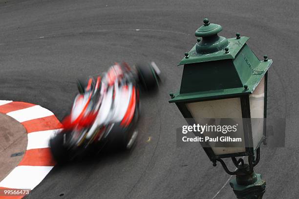 Jenson Button of Great Britain and McLaren Mercedes drives in the final practice session prior to qualifying for the Monaco Formula One Grand Prix at...