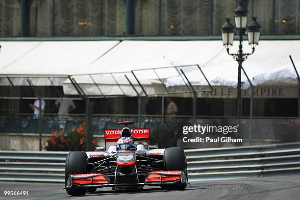 Jenson Button of Great Britain and McLaren Mercedes drives in the final practice session prior to qualifying for the Monaco Formula One Grand Prix at...