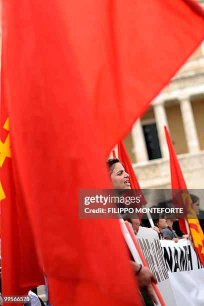 Communist demonstrators of the KKE march in front of the parliament in central Athens on May 15, 2010 to protest against the Government. The...