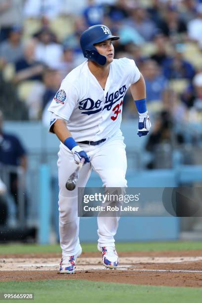 Joc Pederson of the Los Angeles Dodgers bats during the game against the Chicago Cubs at Dodger Stadium on June 27, 2018 in Los Angeles, California....