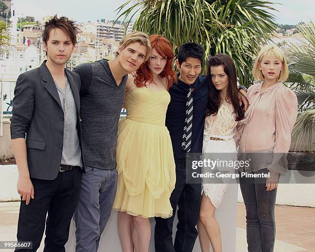 Actors Thomas Dekker, Chris Zylka, Nicole LaLiberte, writer/director Gregg Araki, Roxane Mesquida and Haley Bennett attend the 'Kaboom' Photo Call...