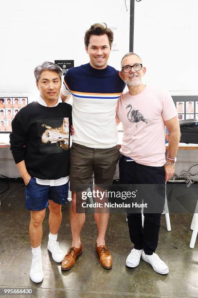 Parke Lutter, Andrew Rannells and Ronen Jehezkel attend the Parke And Ronen show - July 2018 New York City Men's Fashion Week at Industria Studios on...