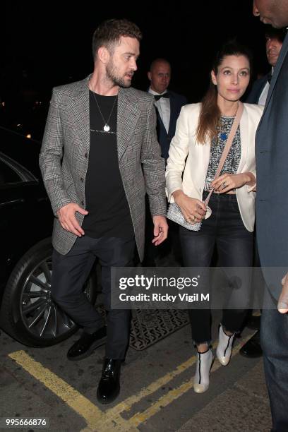 Justin Timberlake and Jessica Biel seen attending Drake's party at Annabel's on July 10, 2018 in London, England.