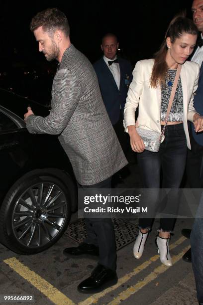 Justin Timberlake and Jessica Biel seen attending Drake's party at Annabel's on July 10, 2018 in London, England.