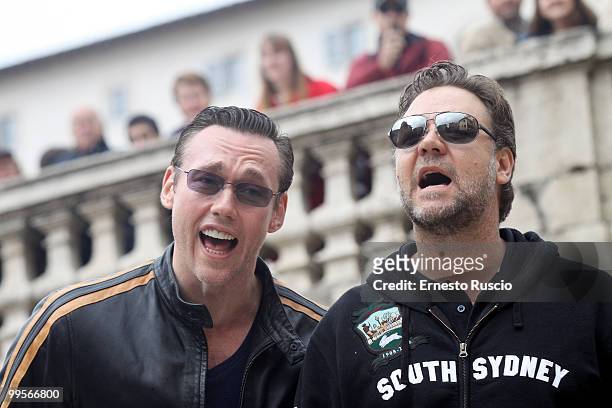 Russell Crowe and Kevin Durand perform unplugged in Piazza di Spagna on May 15, 2010 in Rome, Italy.