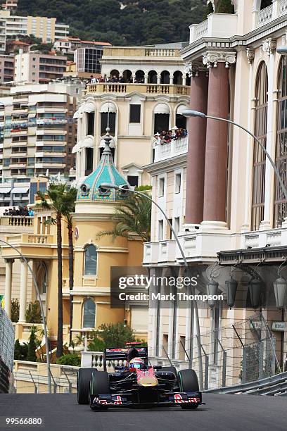 Sebastien Buemi of Switzerland and Scuderia Toro Rosso drives in the final practice session prior to qualifying for the Monaco Formula One Grand Prix...