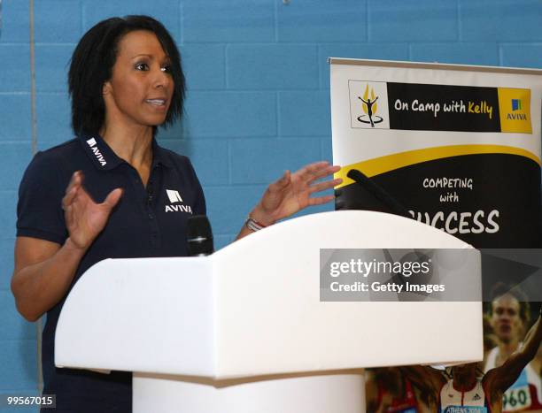 Dame Kelly Holmes address the athletes during the Aviva sponsored mentoring day for young athletes at Loughborough College on May 15, 2010 in...