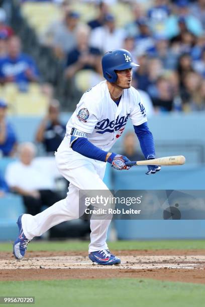 Cody Bellinger of the Los Angeles Dodgers bats during the game against the Chicago Cubs at Dodger Stadium on June 27, 2018 in Los Angeles,...