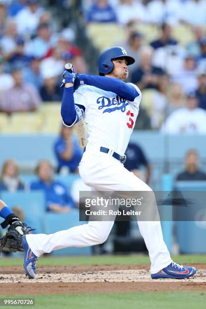 Cody Bellinger of the Los Angeles Dodgers bats during the game against the Chicago Cubs at Dodger Stadium on June 27, 2018 in Los Angeles,...