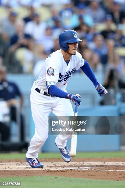 Cody Bellinger of the Los Angeles Dodgers bats during the game against the Chicago Cubs at Dodger Stadium on June 27, 2018 in Los Angeles,...