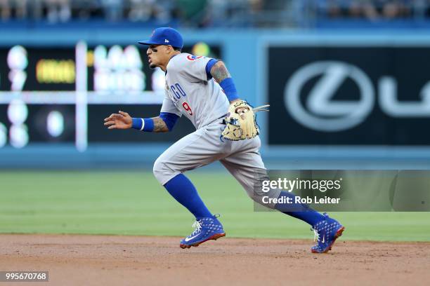 Javier Baez of the Chicago Cubs plays second base during the game against the Los Angeles Dodgers at Dodger Stadium on June 27, 2018 in Los Angeles,...