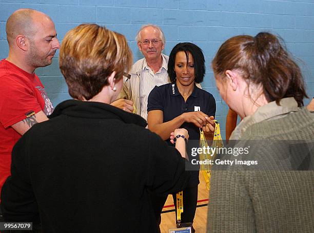 Dame Kelly Holmes with parents and coaches during the Aviva sponsored mentoring day for young athletes at Loughborough College on May 15, 2010 in...