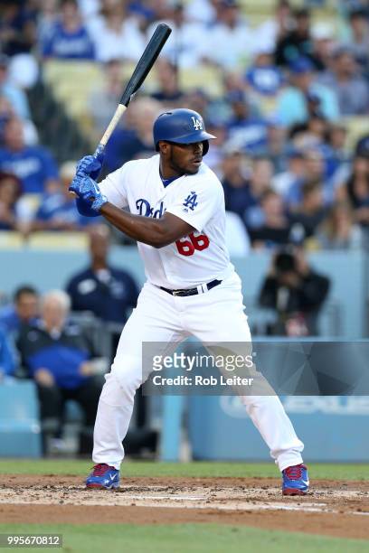 Yasiel Puig of the Los Angeles Dodgers bats during the game against the Chicago Cubs at Dodger Stadium on June 27, 2018 in Los Angeles, California....