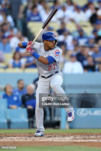 Addison Russell of the Chicago Cubs bats during the game against the Los Angeles Dodgers at Dodger Stadium on June 27, 2018 in Los Angeles,...