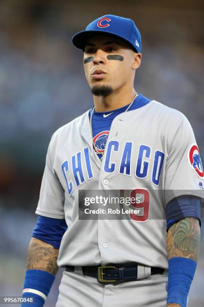 Javier Baez of the Chicago Cubs looks on during the game against the Los Angeles Dodgers at Dodger Stadium on June 27, 2018 in Los Angeles,...