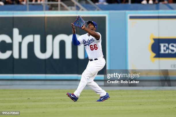 Yasiel Puig of the Los Angeles Dodgers plays right field during the game against the Chicago Cubs at Dodger Stadium on June 27, 2018 in Los Angeles,...