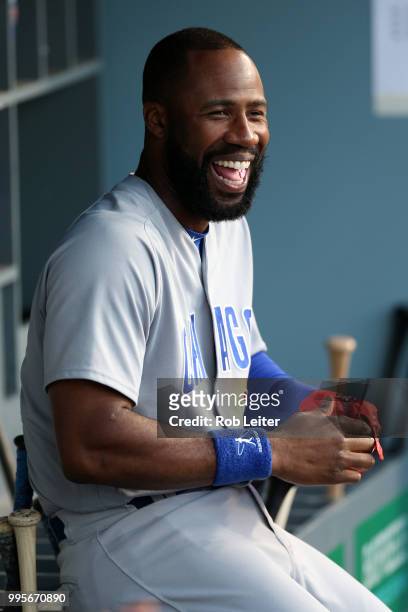 Jason Heyward of the Chicago Cubs laughs during the game against the Los Angeles Dodgers at Dodger Stadium on June 27, 2018 in Los Angeles,...