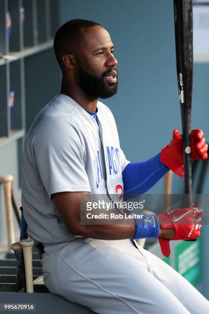 Jason Heyward of the Chicago Cubs looks on during the game against the Los Angeles Dodgers at Dodger Stadium on June 27, 2018 in Los Angeles,...