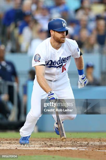 Logan Forsythe of the Los Angeles Dodgers bats during the game against the Chicago Cubs at Dodger Stadium on June 27, 2018 in Los Angeles,...