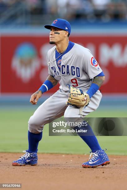 Javier Baez of the Chicago Cubs plays second base during the game against the Los Angeles Dodgers at Dodger Stadium on June 27, 2018 in Los Angeles,...